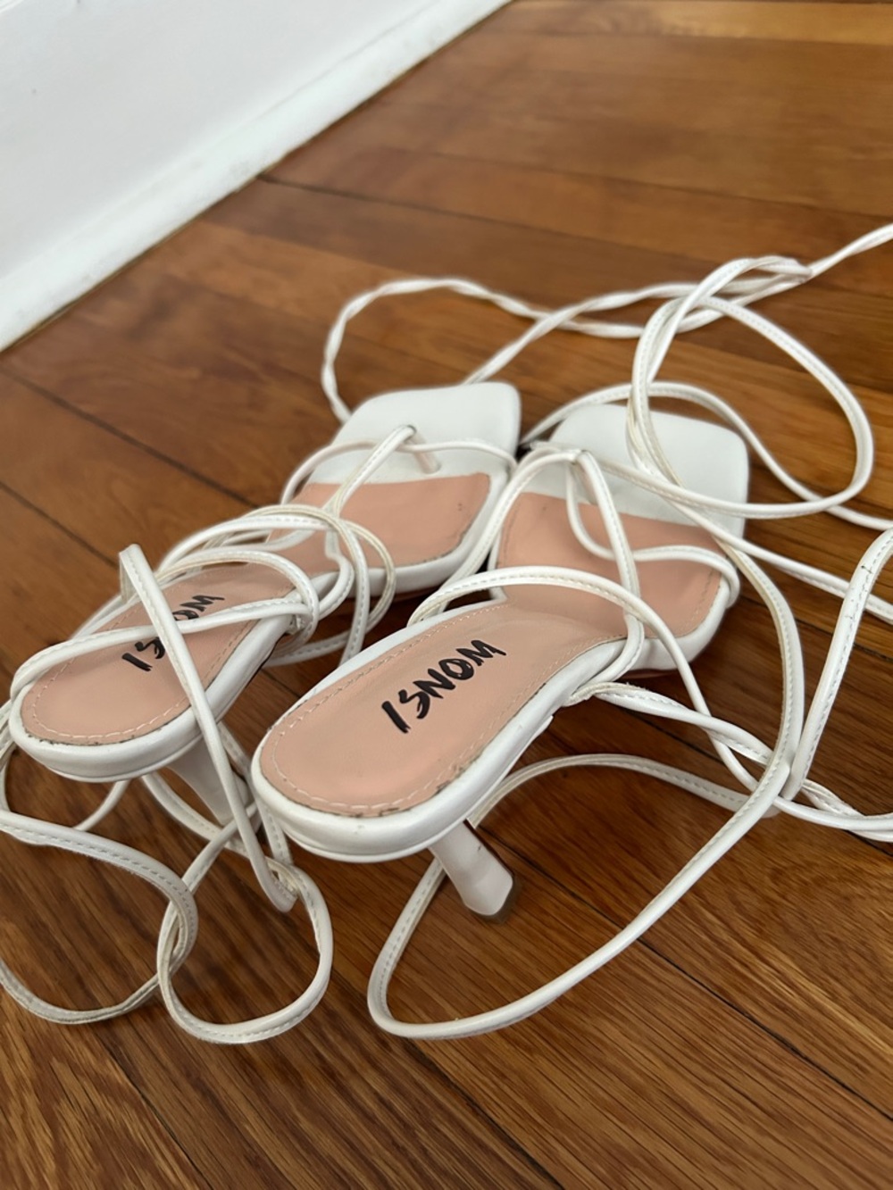 MSI White Lace-Up Square Toe Heeled Sandals with Blush Insole